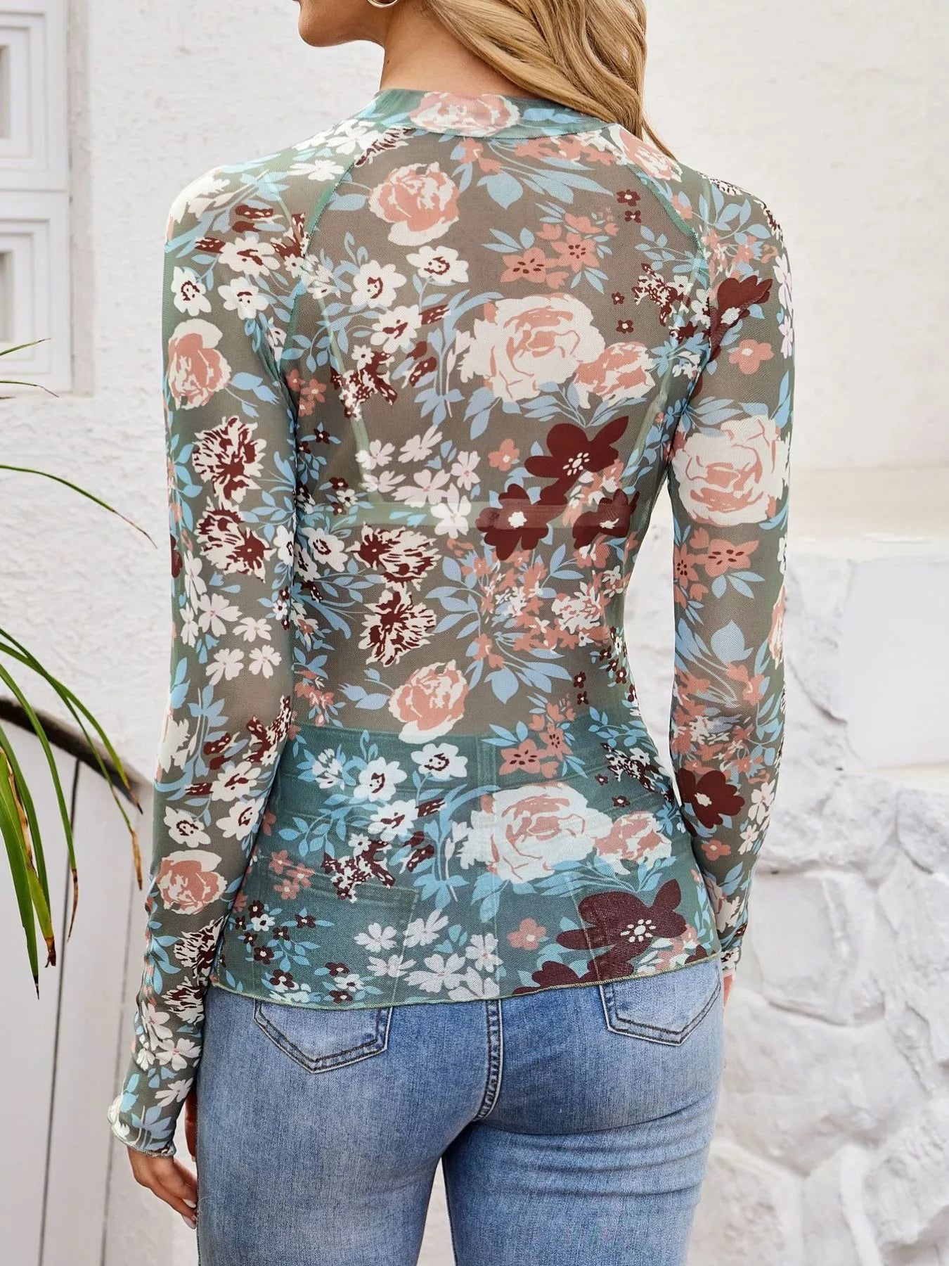 Trendsi Sheer Mock Neck Long Sleeve Top -