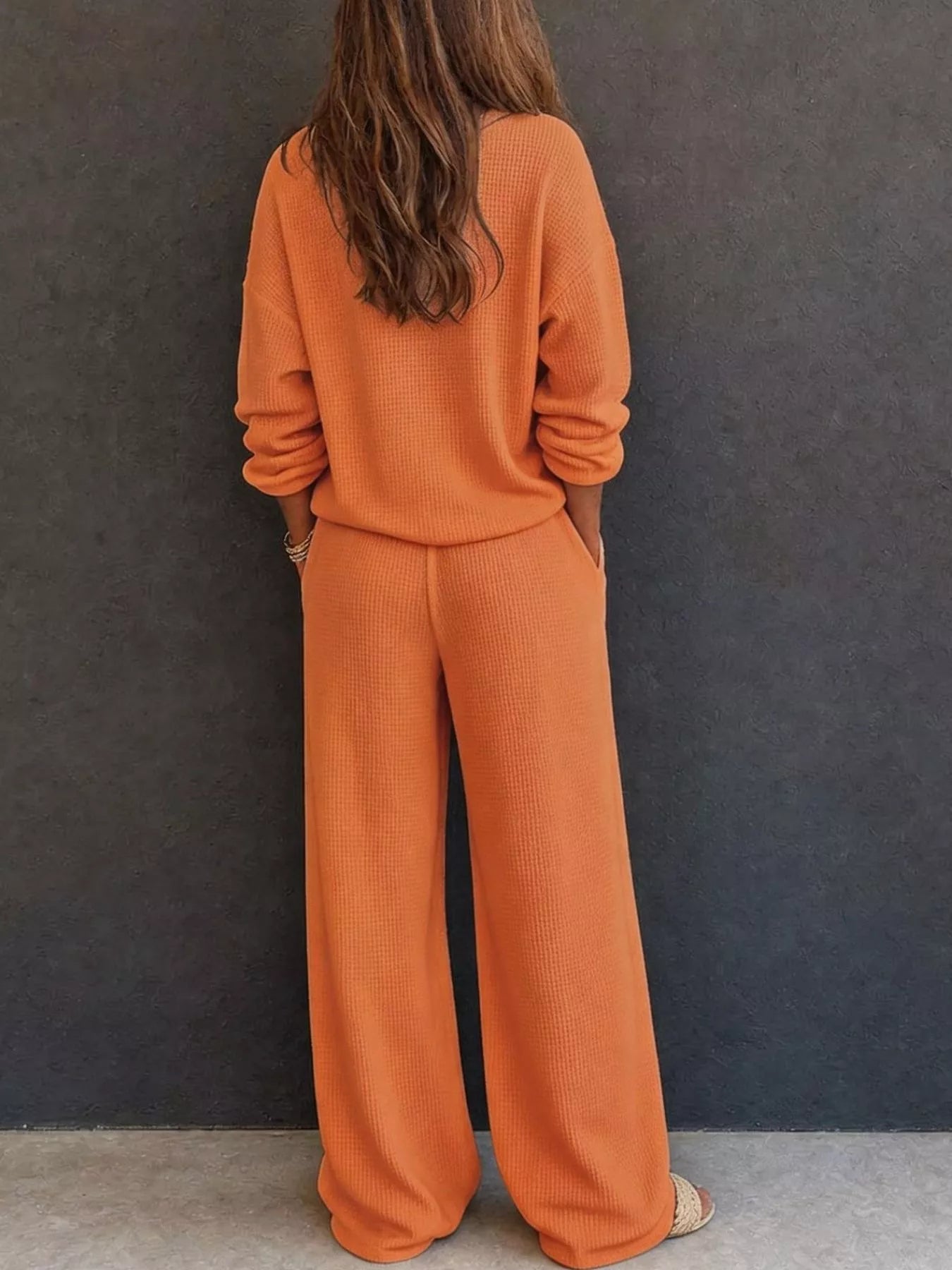Trendsi Waffle Knit Henley Top and Wide Leg Pants Set -