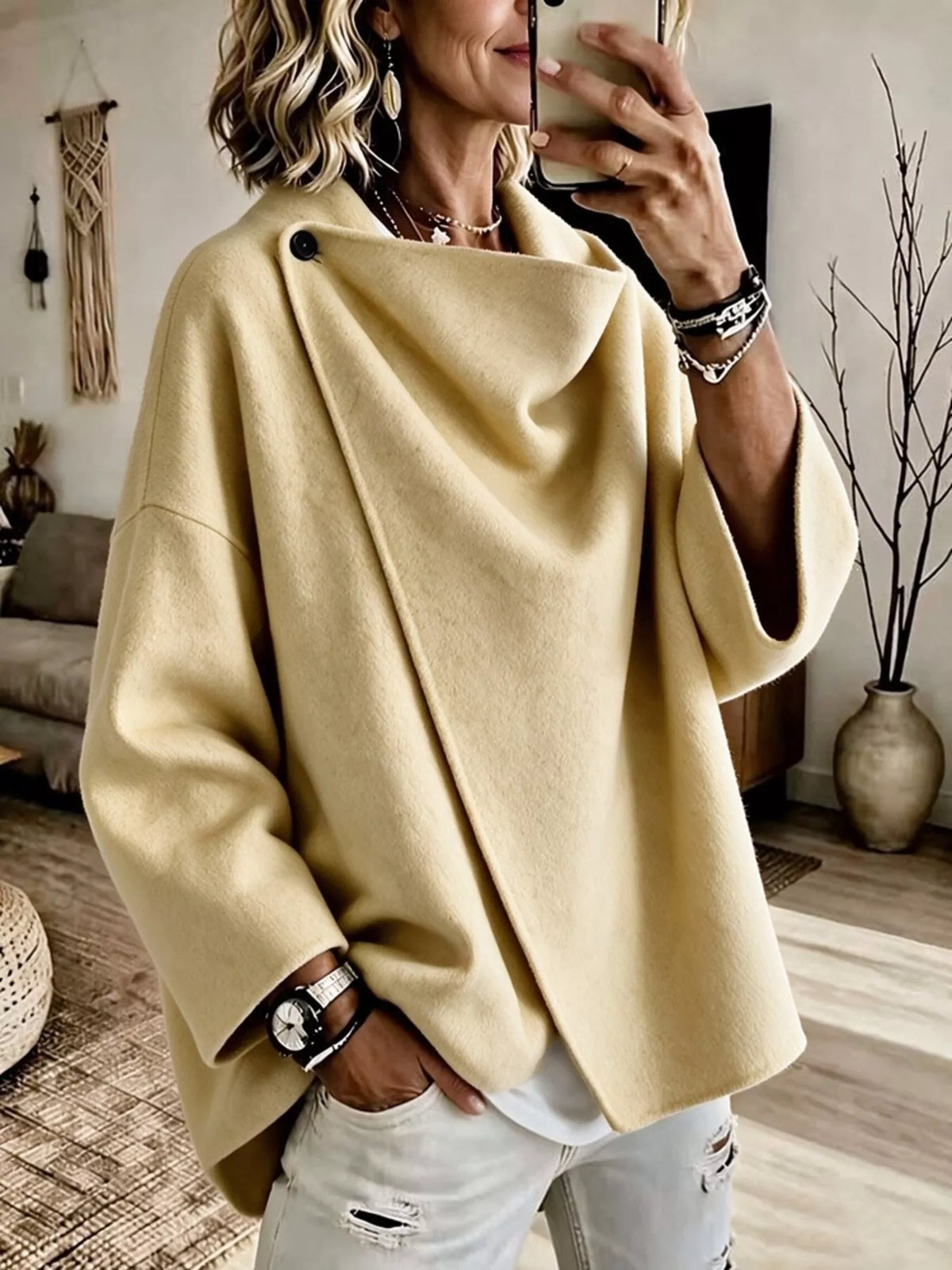 Yellow asymmetric cowl neck cape-style jacket