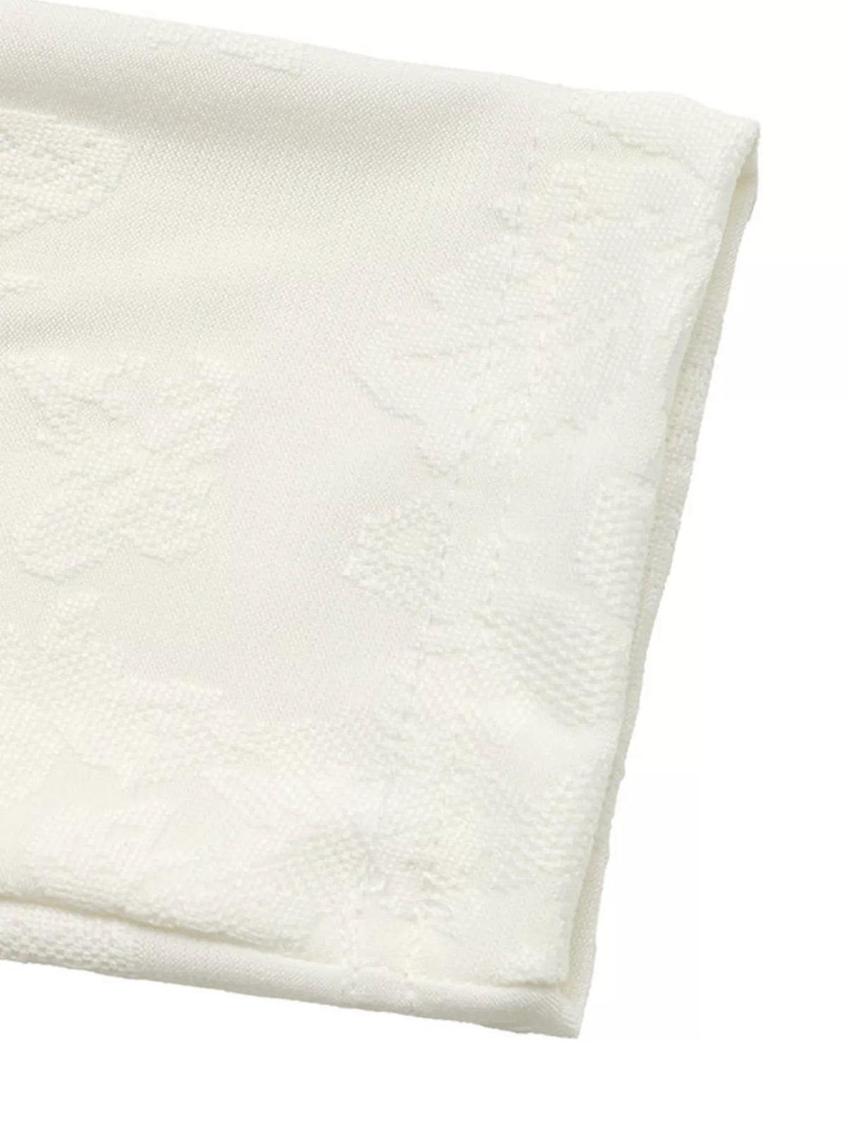 Ivory floral jacquard top with Mandarin collar and loop-button neckline, sleeve hem detail