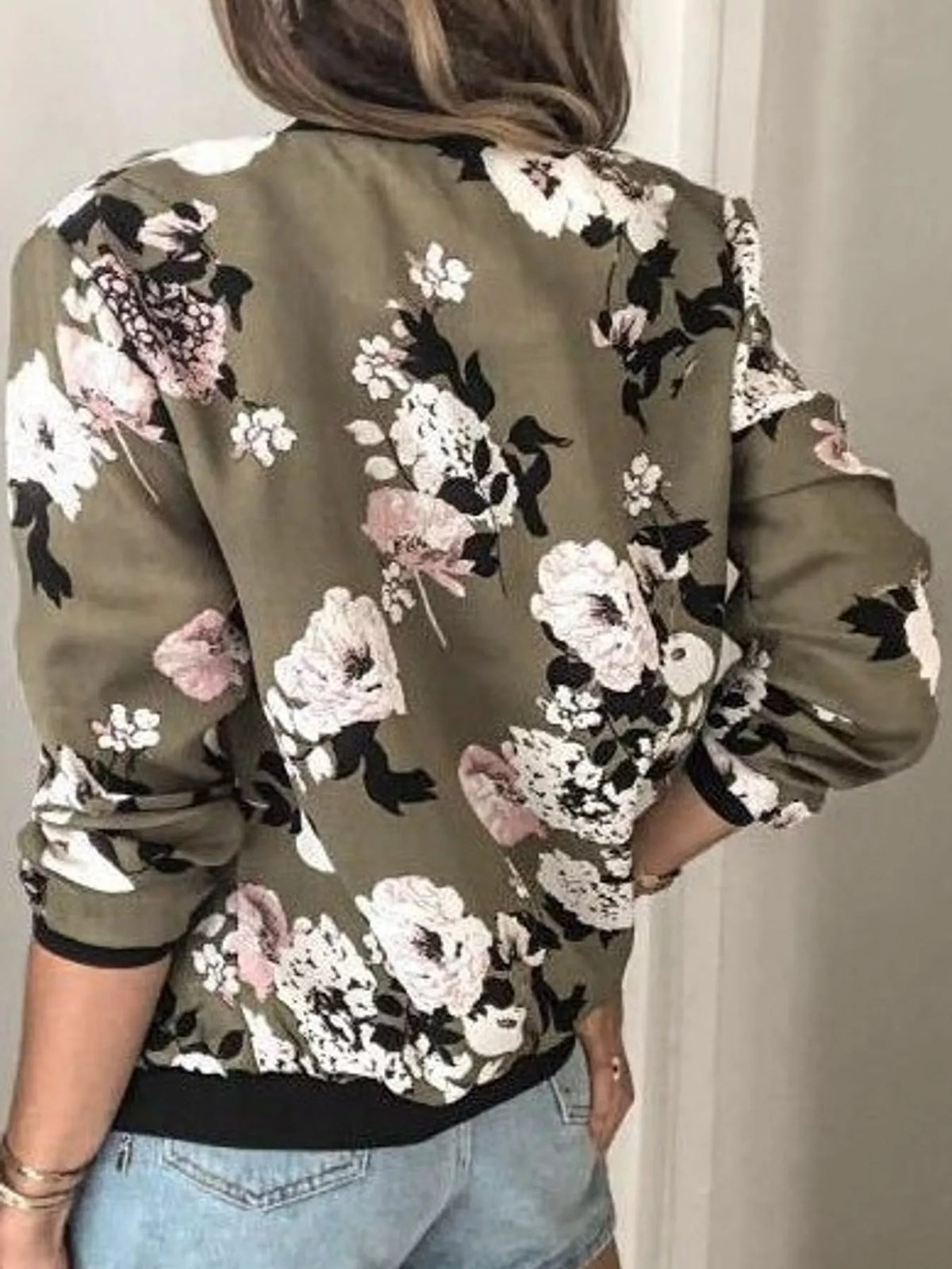 Olive floral printed zip-up bomber jacket — back view
