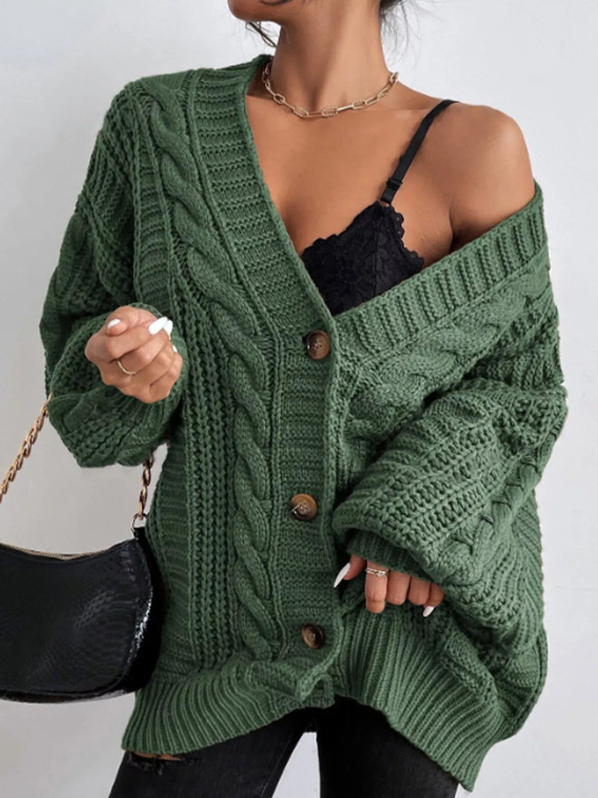 Green cable knit button-down cardigan