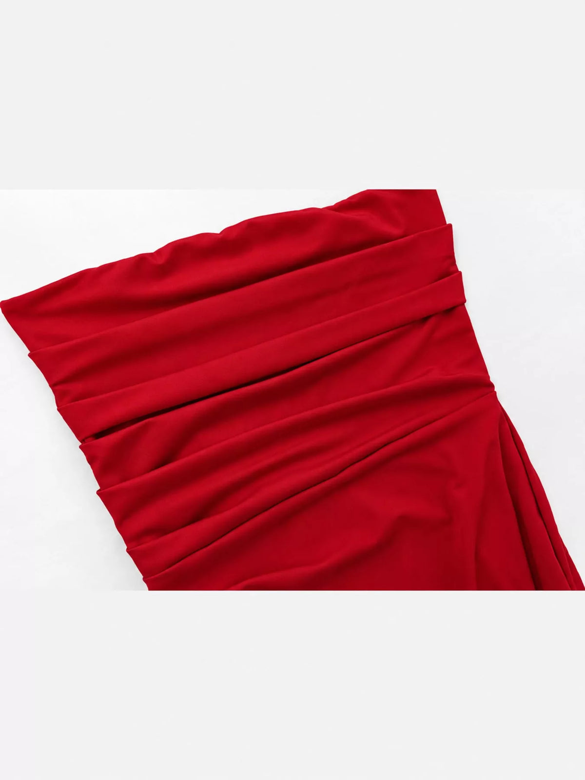 Red strapless high slit bodycon maxi evening dress, detail view