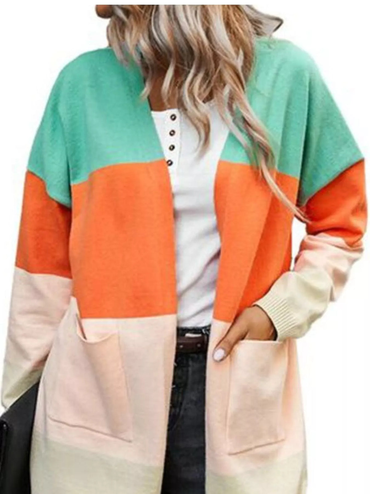 Trendsi Color-Block Open Front Knit Cardigan -