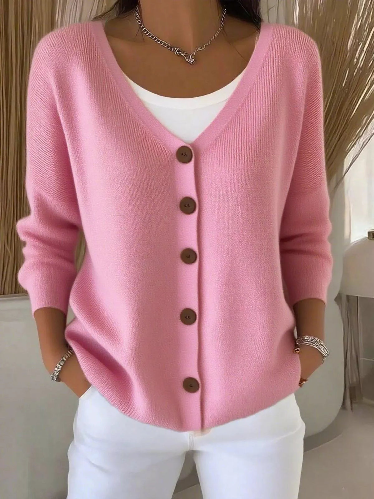 Women's V-Neck Button-Down Knit Cardigan in pink — front view