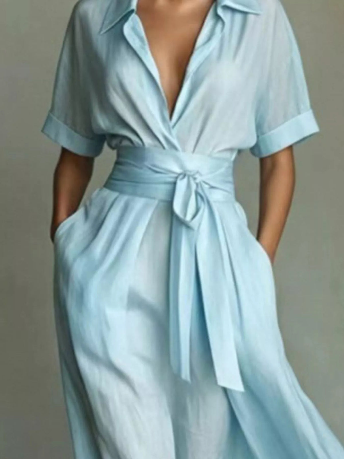 Maxi shirt dress, blue waist detail