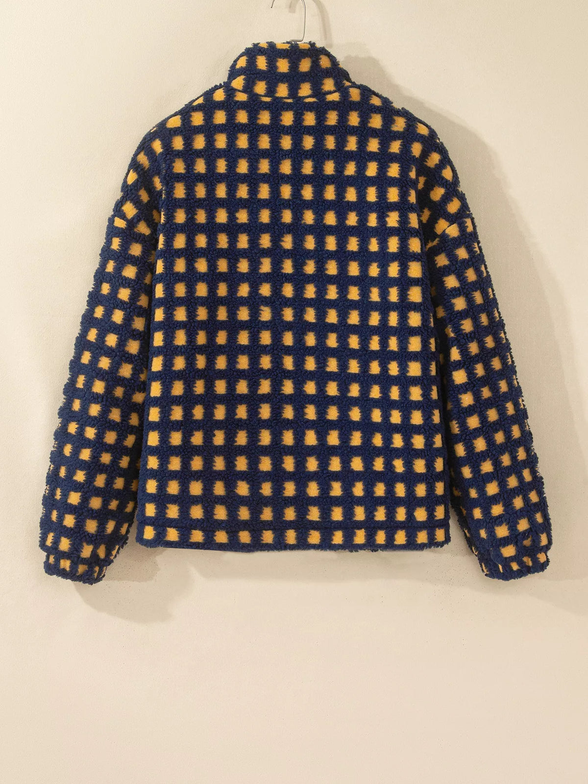 Black plaid sherpa fleece zip up jacket, back view