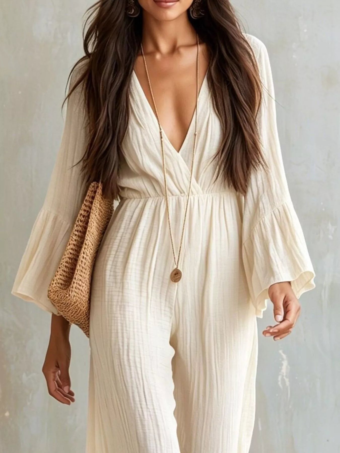 Trendsi Textured Flare Sleeve Jumpsuit -