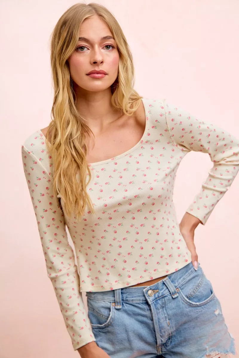Women's cream floral print long-sleeve top - product view 5