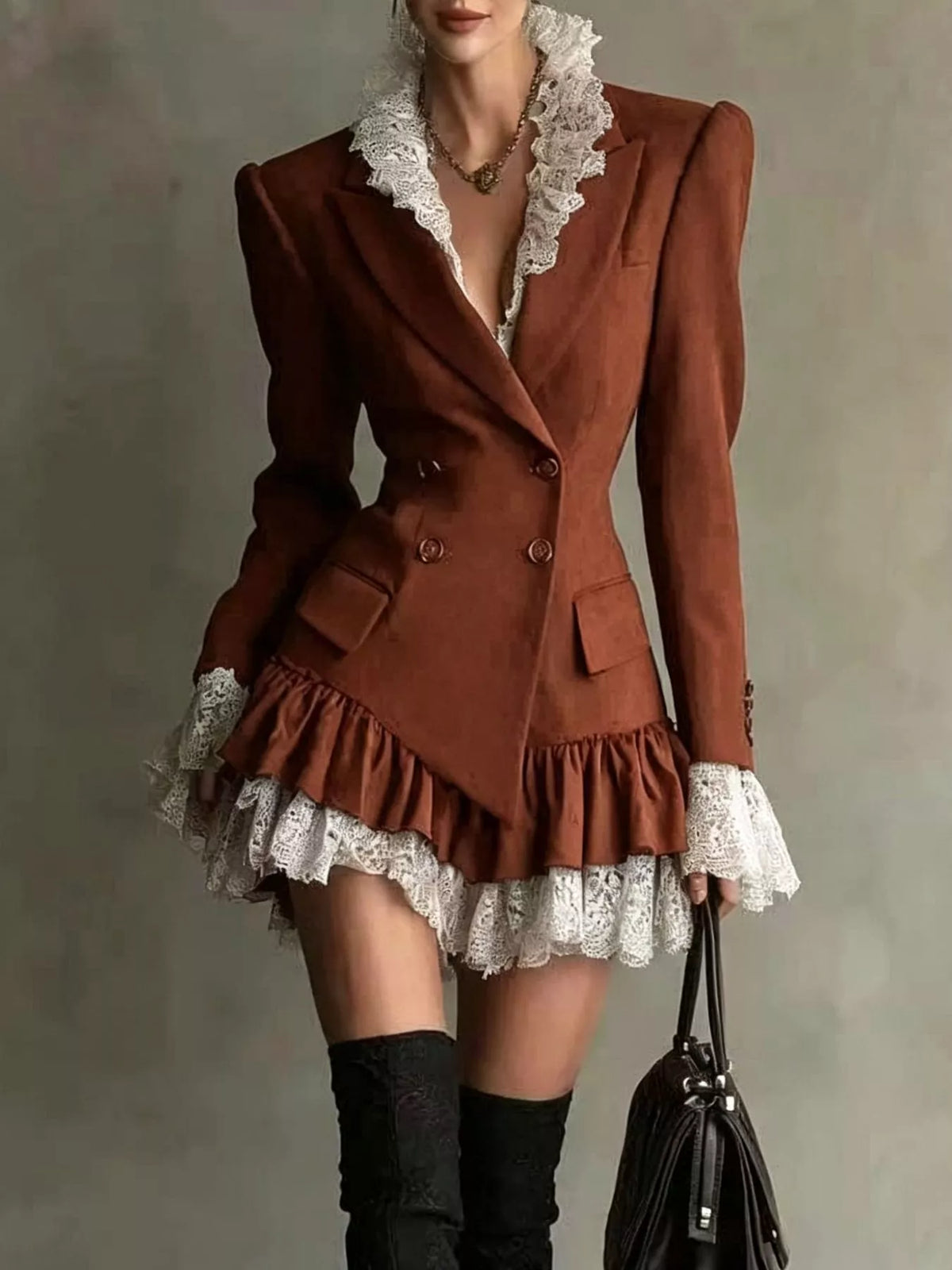 Rust brown lace trim blazer dress, front view