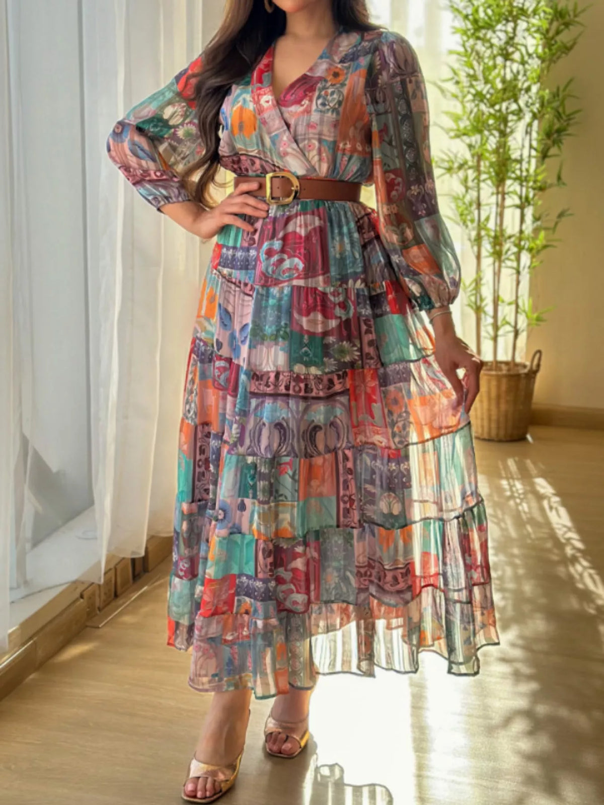 Printed maxi dress, multicolor belted dress front