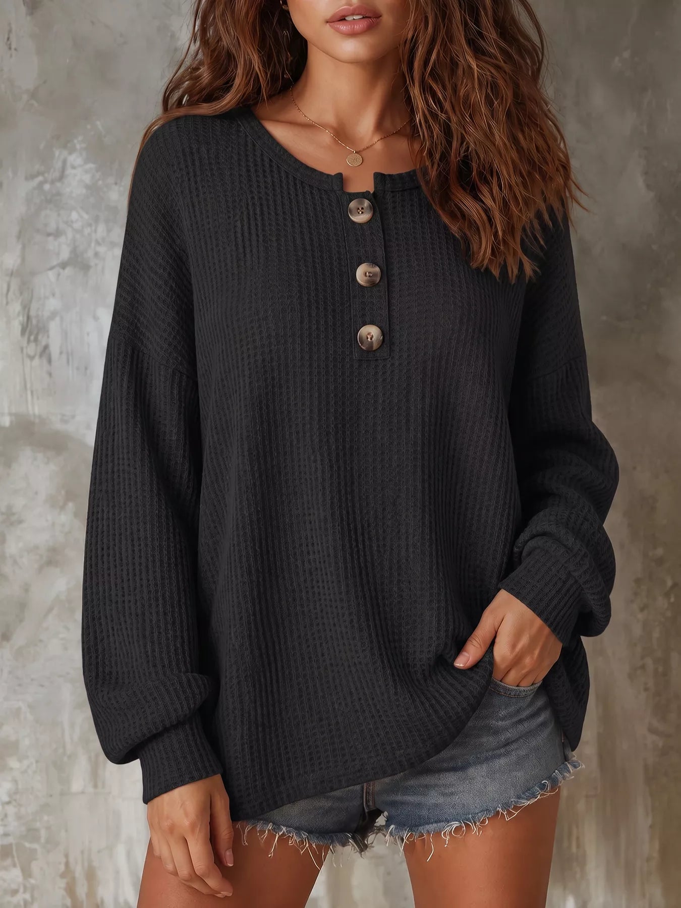 Trendsi Button Detail Dropped Shoulder Knit Top -