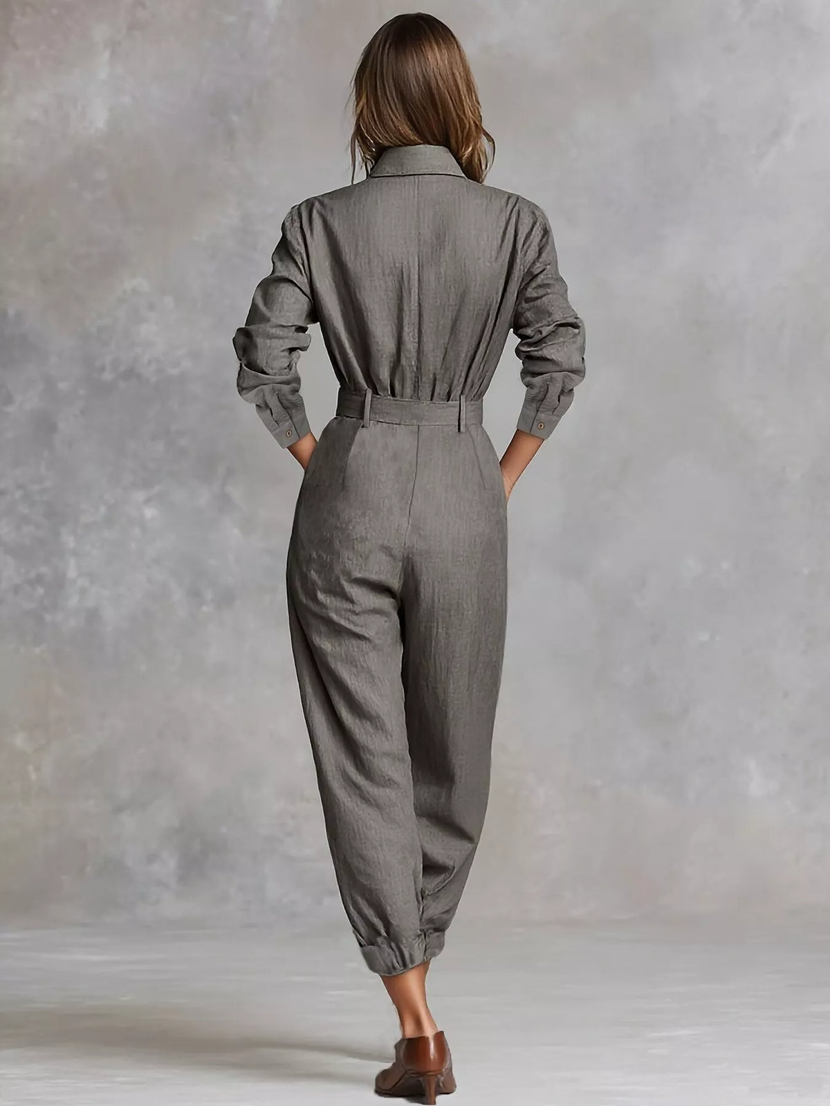 Button Front Long-Sleeve Jumpsuit in gray, back view