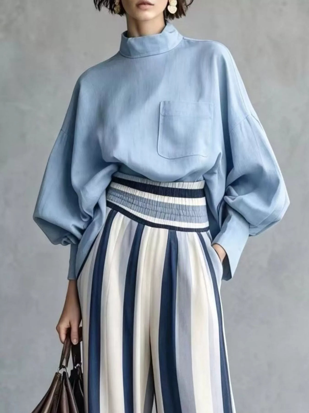Blue mock-neck blouse and striped wide-leg trouser set — design and construction details