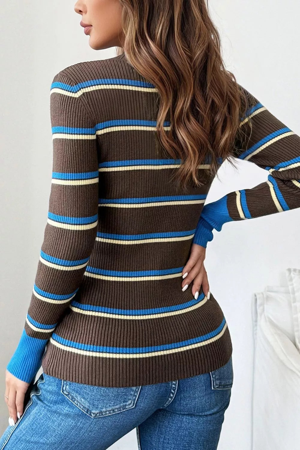 Trendsi Ribbed Knit Contrast Cuff Henley Button Sweater -