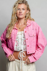 Trendsi POL Eyelet Textured Cotton Cropped Button-Front Jacket - Outerwear