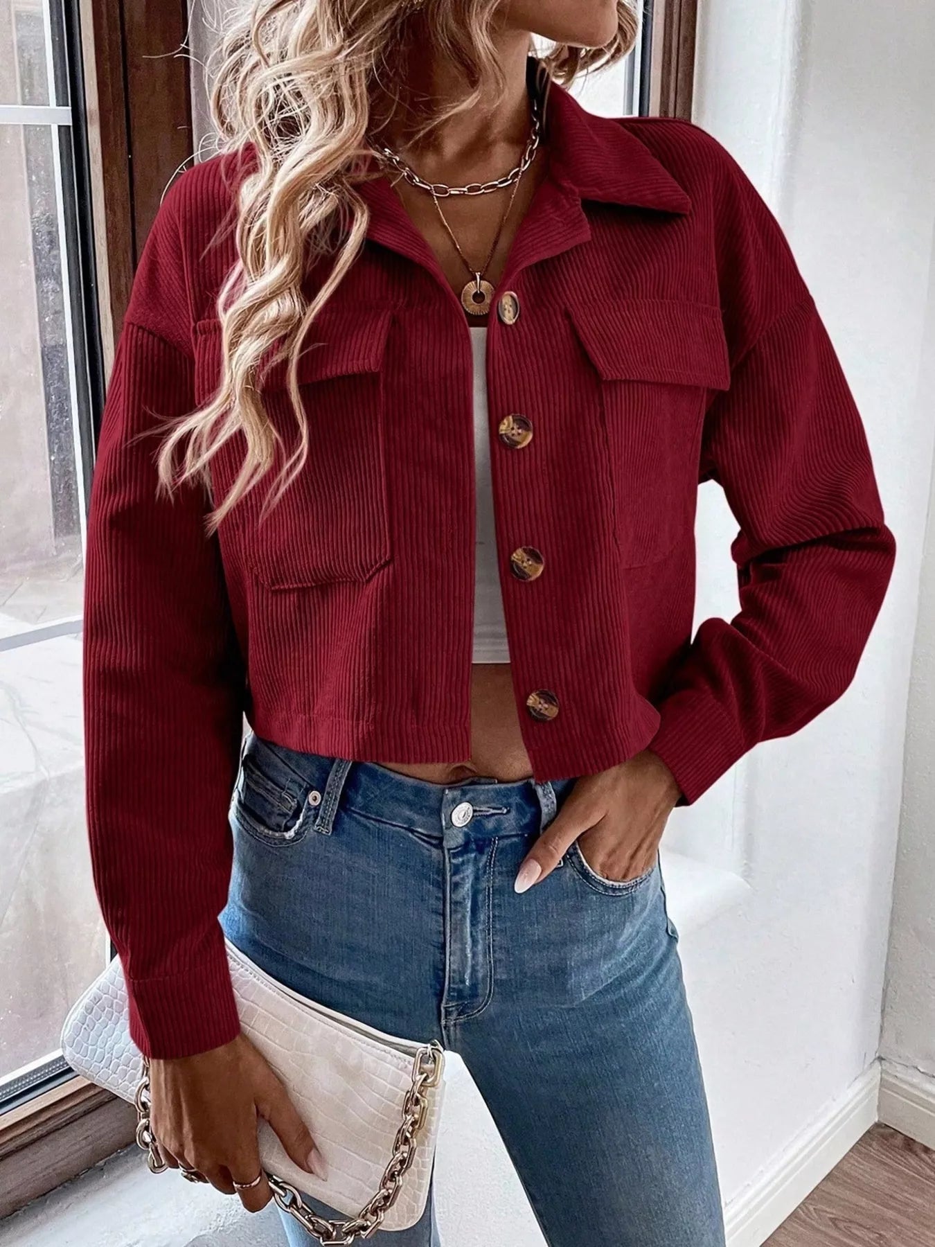 Trendsi Cropped Corduroy Button-Down Jacket -
