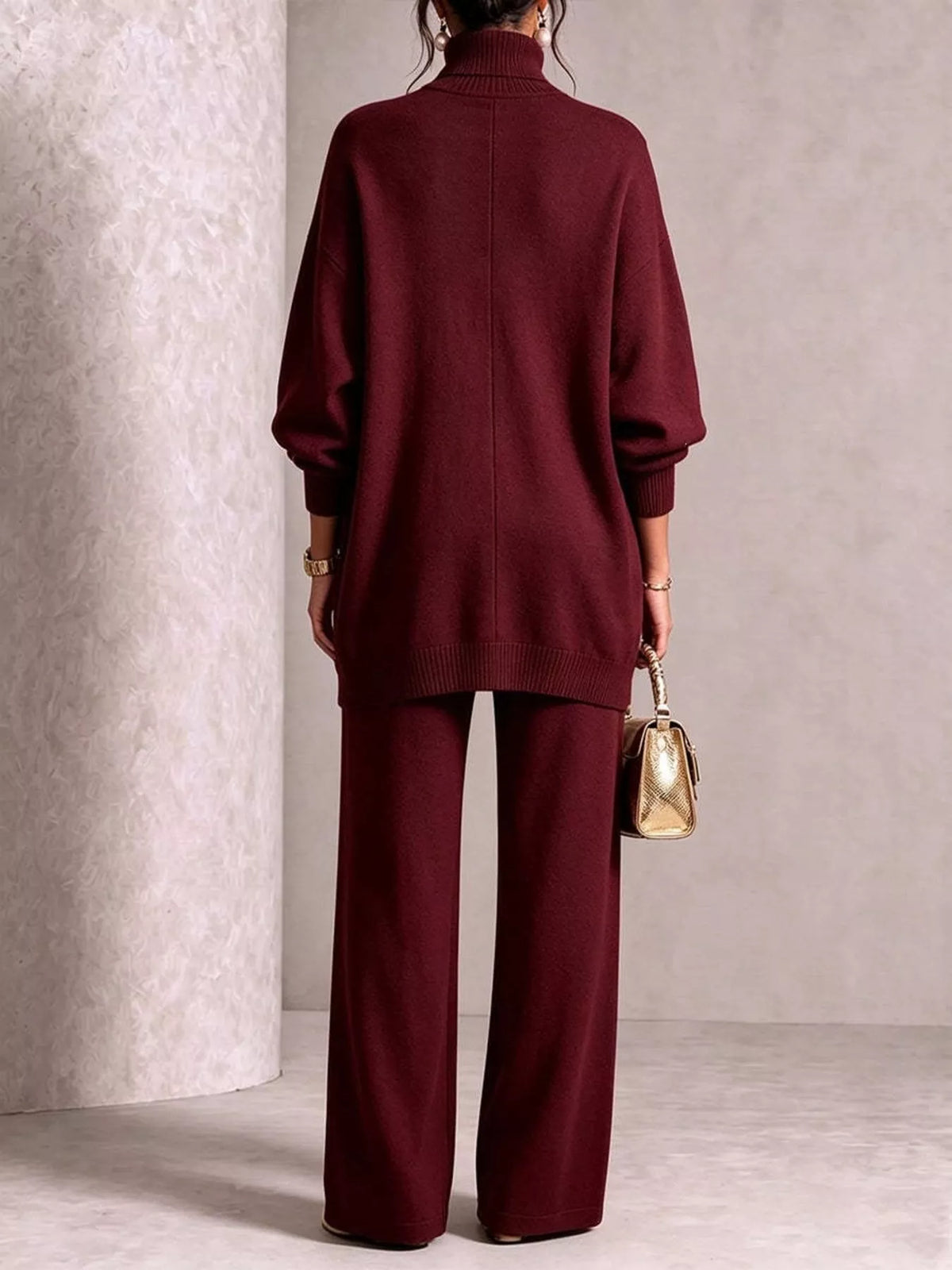 Turtleneck Asymmetric Sweater and Pants Set, back view