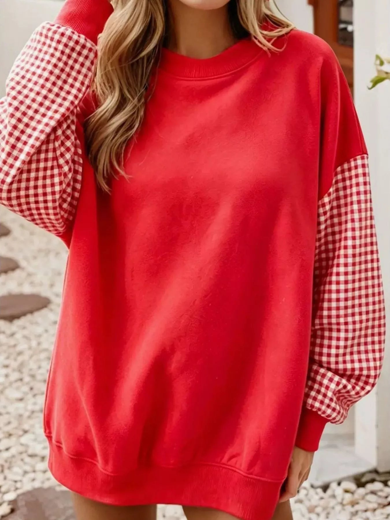 Trendsi Contrast Gingham Long Sleeve Sweatshirt -