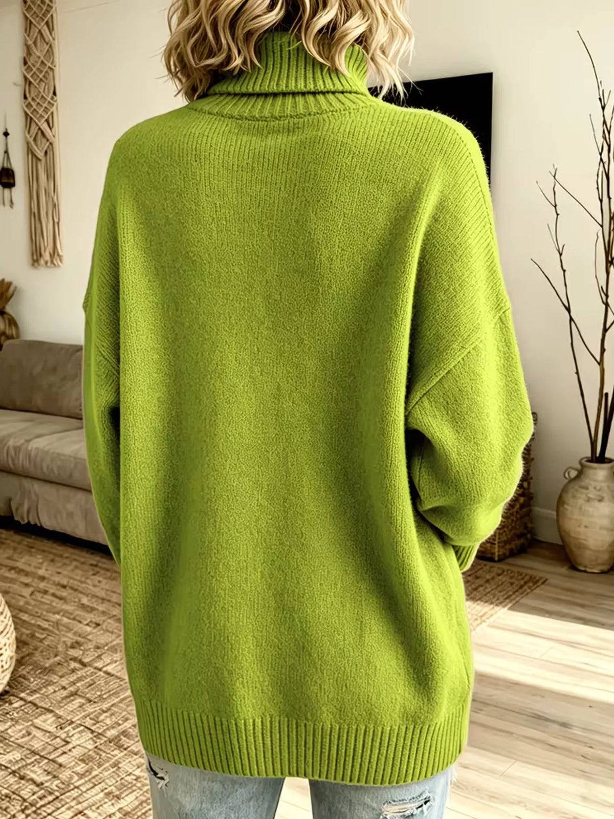 Green turtleneck sweater, back view