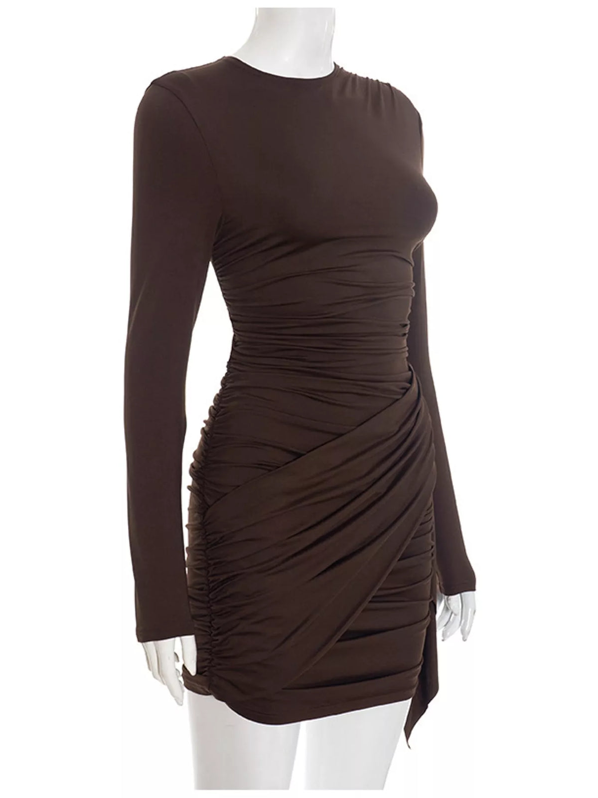 Brown long sleeve ruched bodycon mini dress, side view