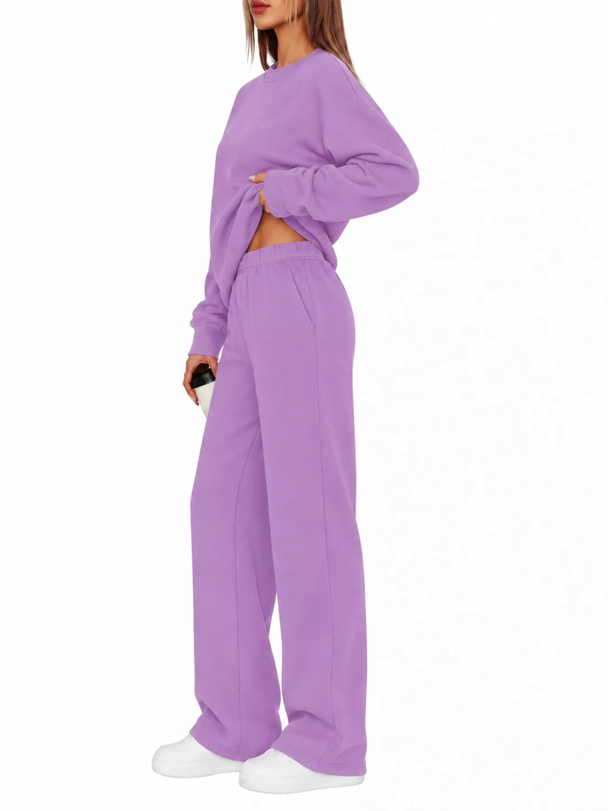 Crewneck Drop Shoulder Sweatshirt and Wide-Leg Pants Set — side view