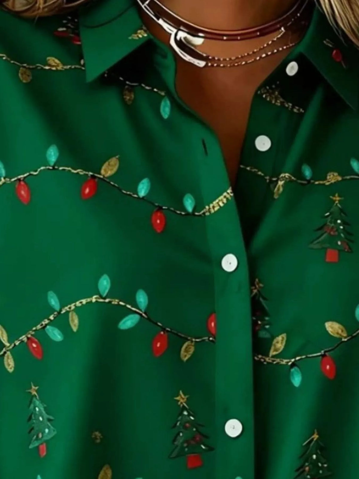 Green christmas tree button-down shirt, collar and button placket detail.