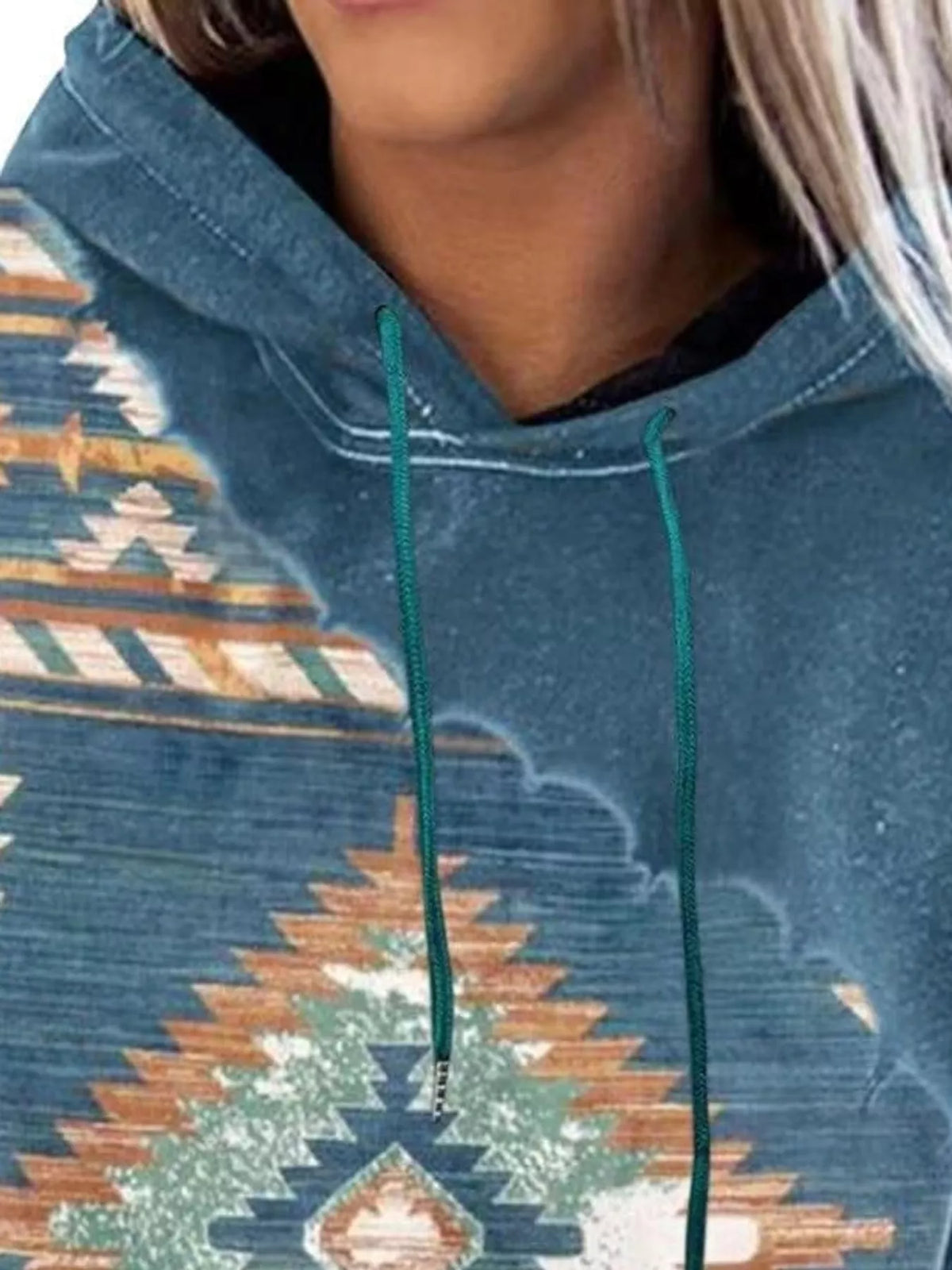 Aztec-print hoodie, blue neckline detail