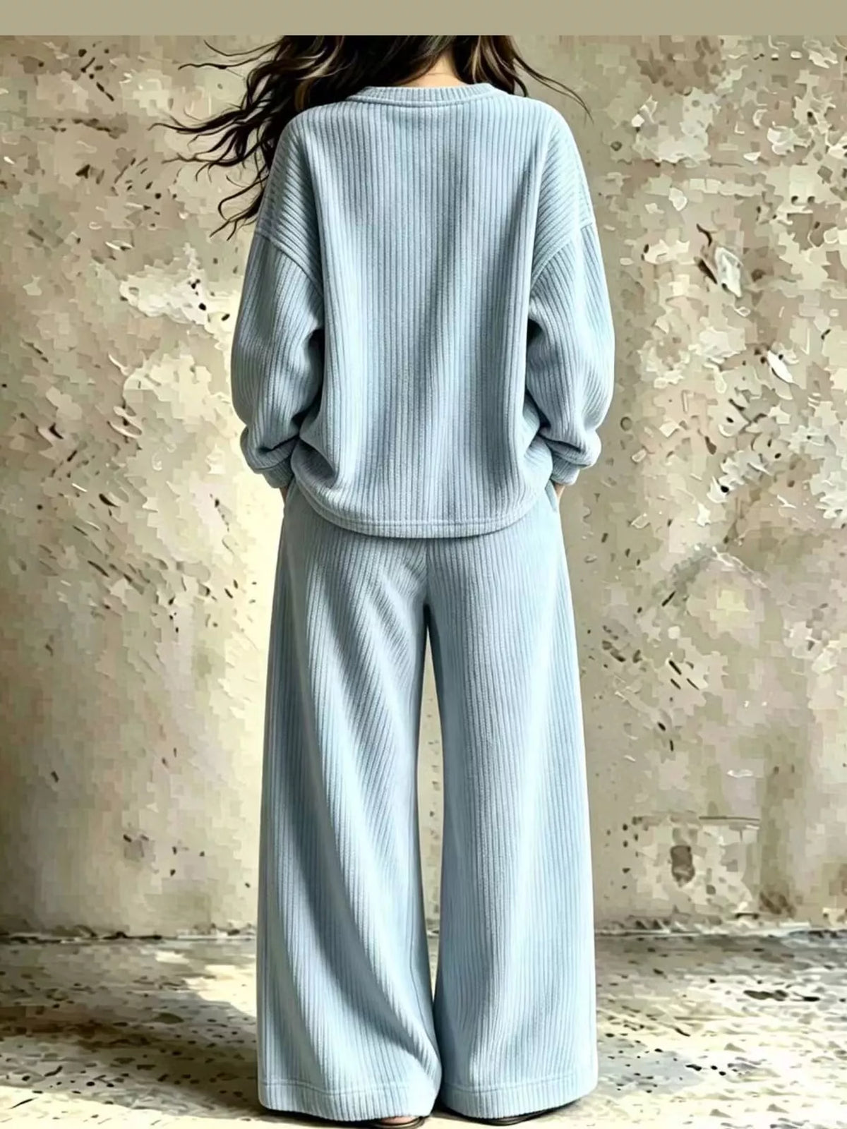 Light blue corduroy v-neck top and pants set — back view