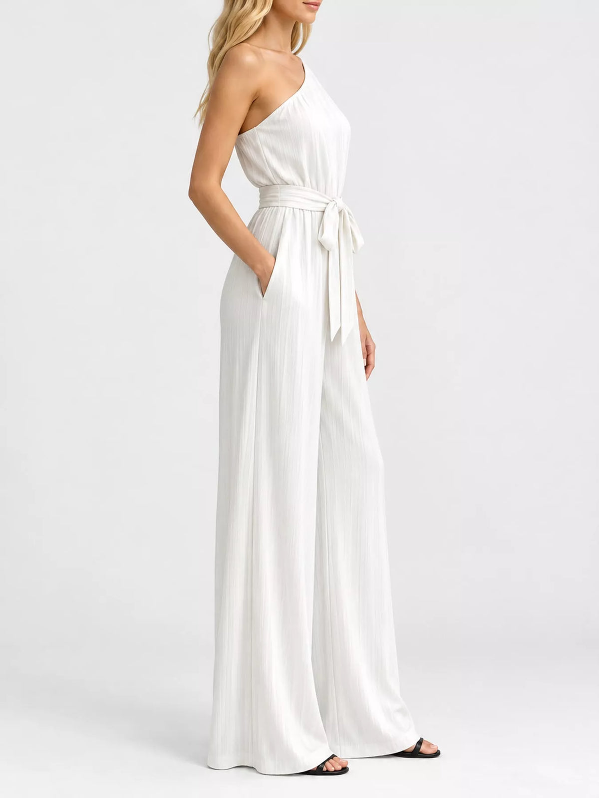 One-Shoulder Wide-Leg Jumpsuit in white, side view