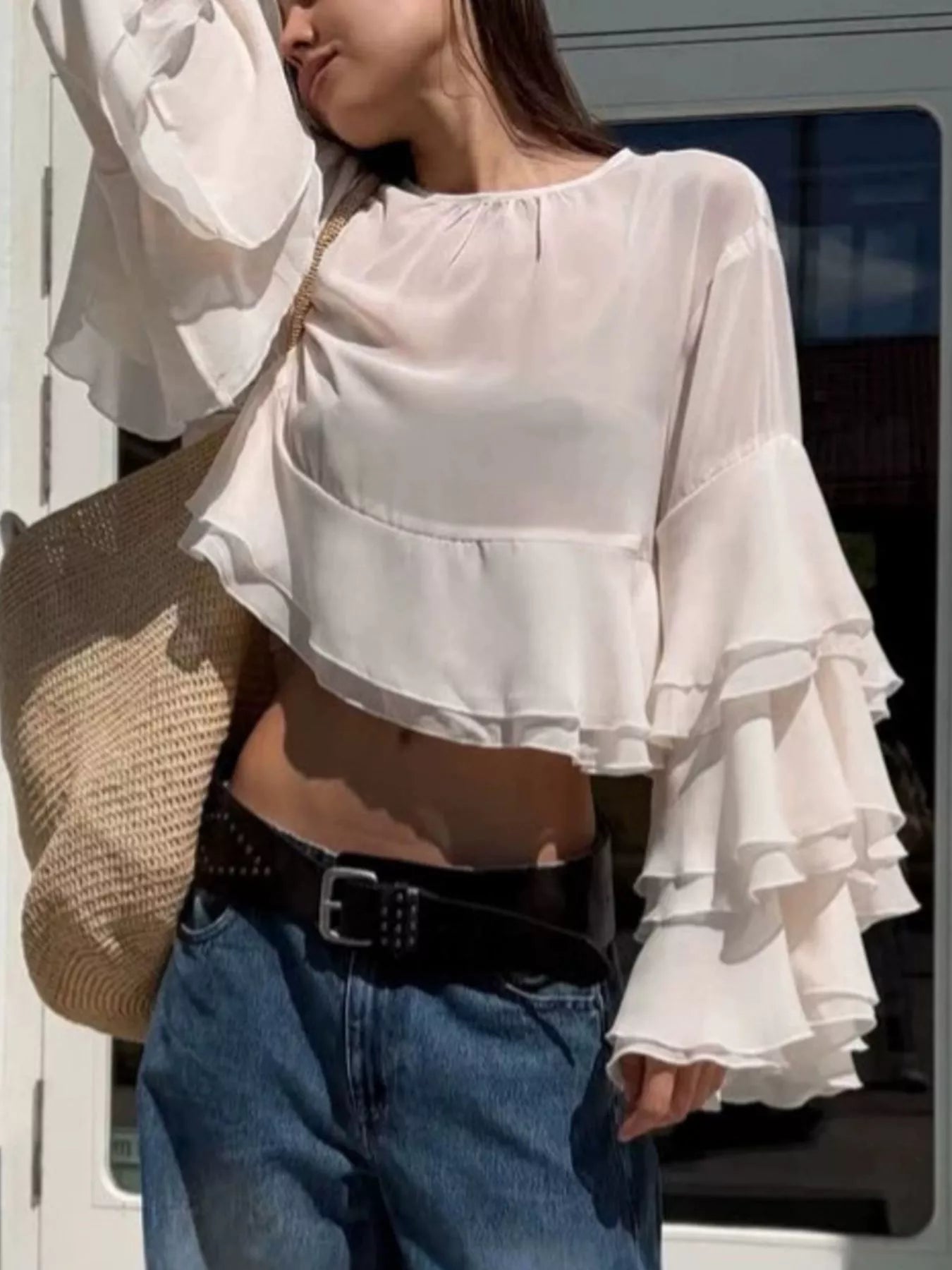Trendsi Layered Ruffled Hem Flare Sleeves Blouse -