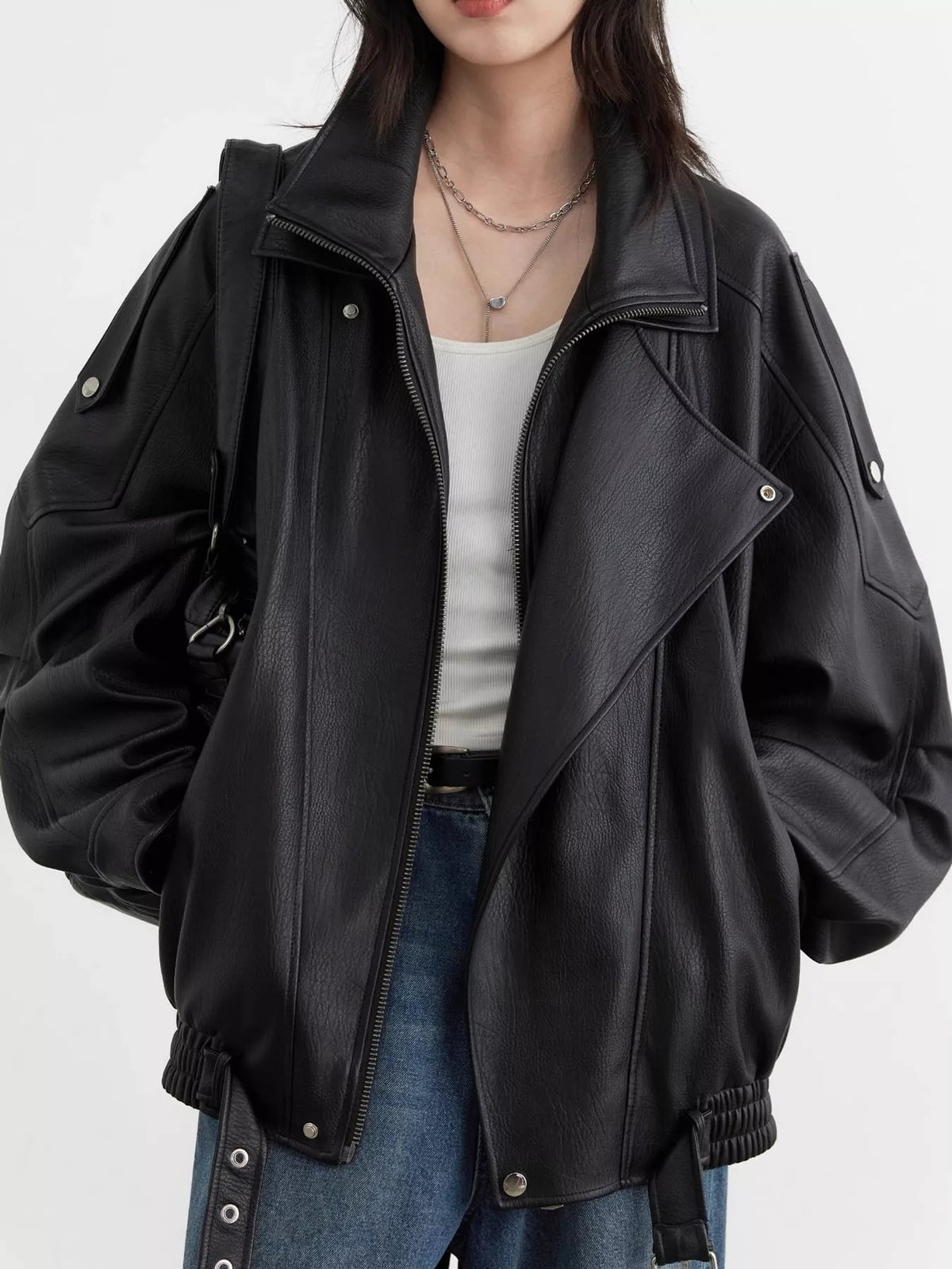 Collared long sleeve jacket, front view on model