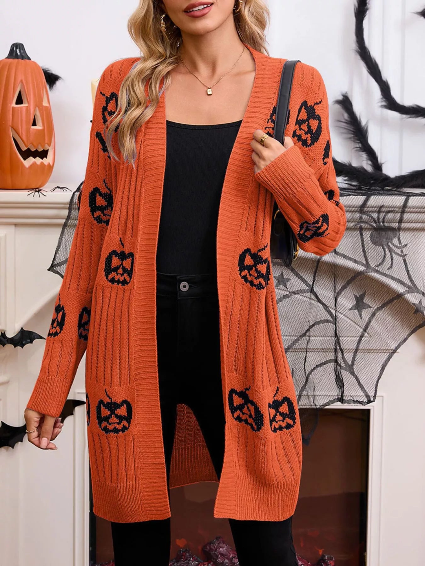 Trendsi Halloween Pumpkin Open Front Knit Cardigan -