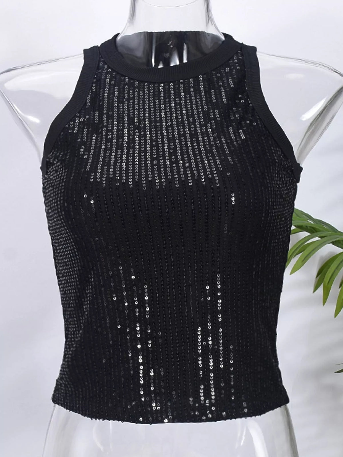 Black sequin round neck tank