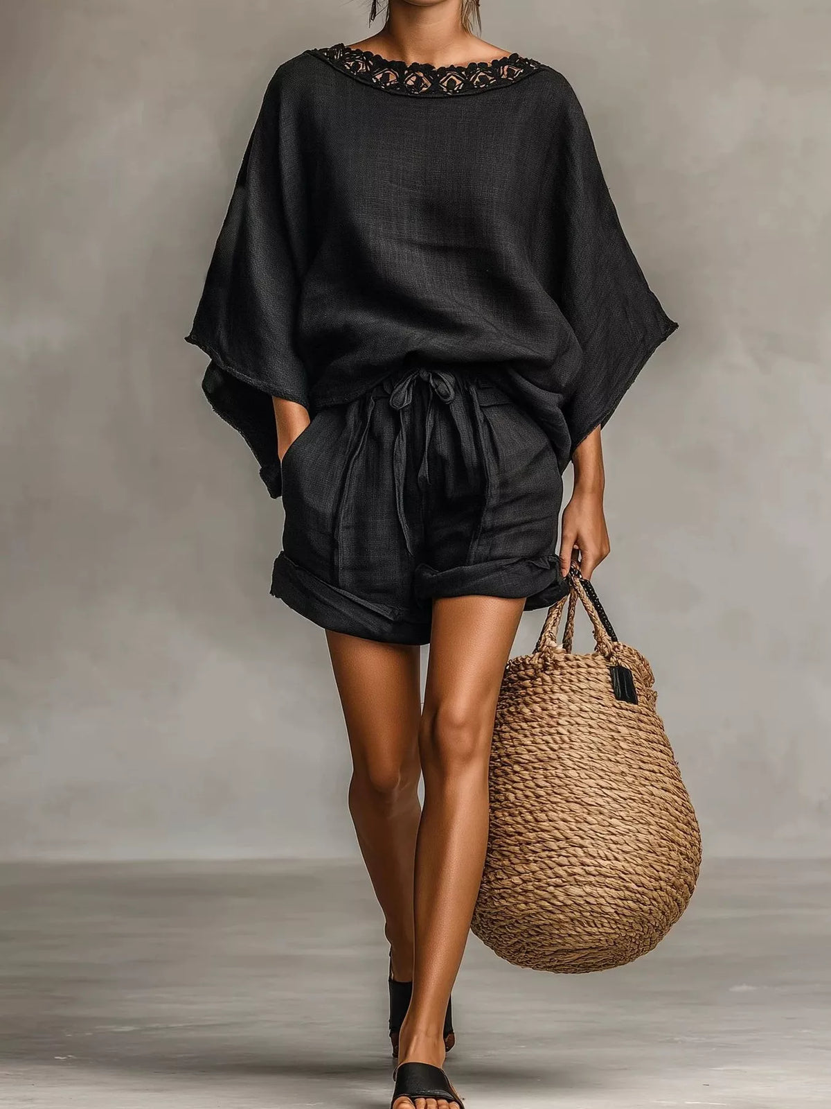 Black lace-trim top and drawstring shorts set, full set front view.