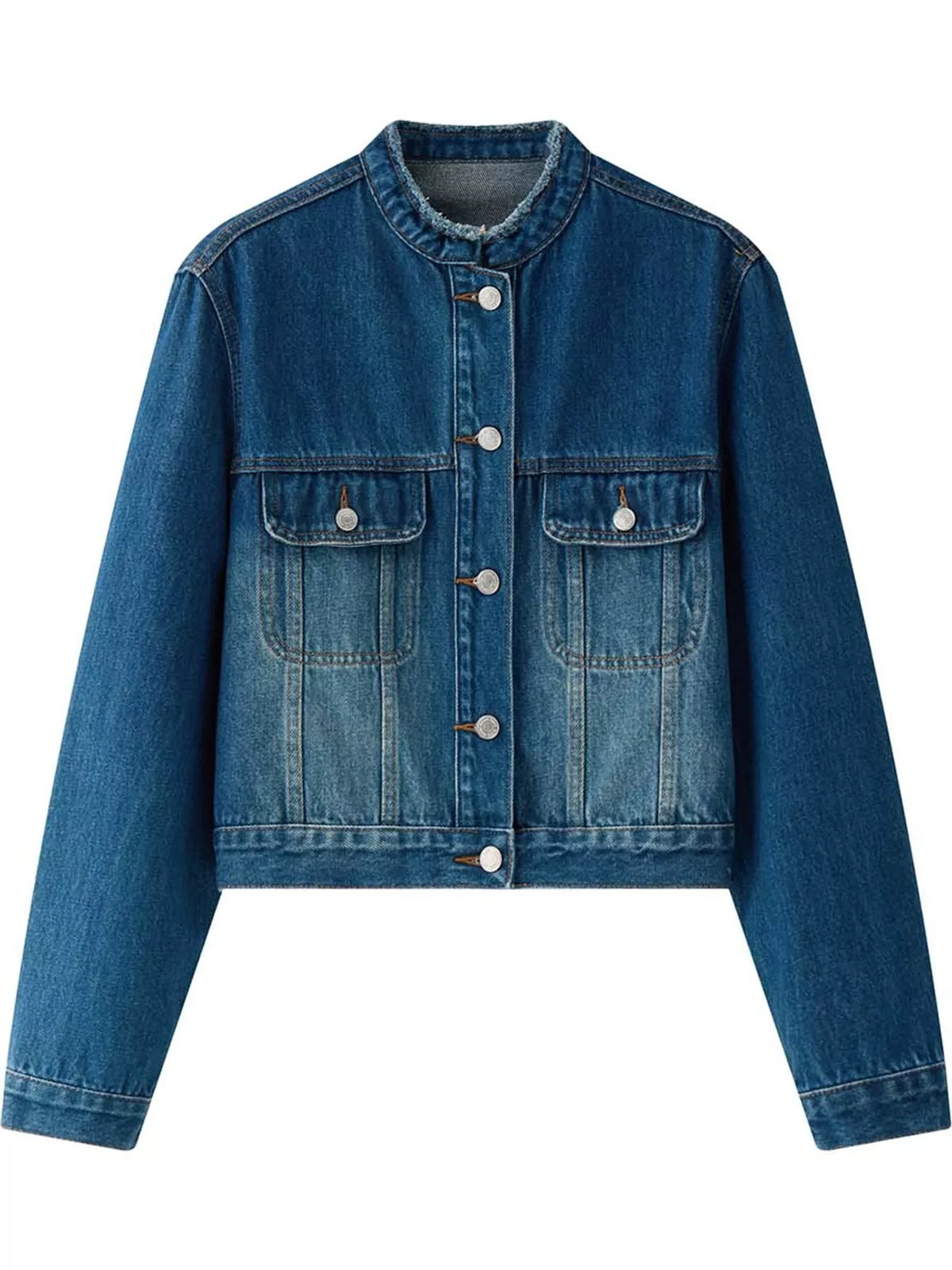 Blue button-up cropped denim jacket — front view