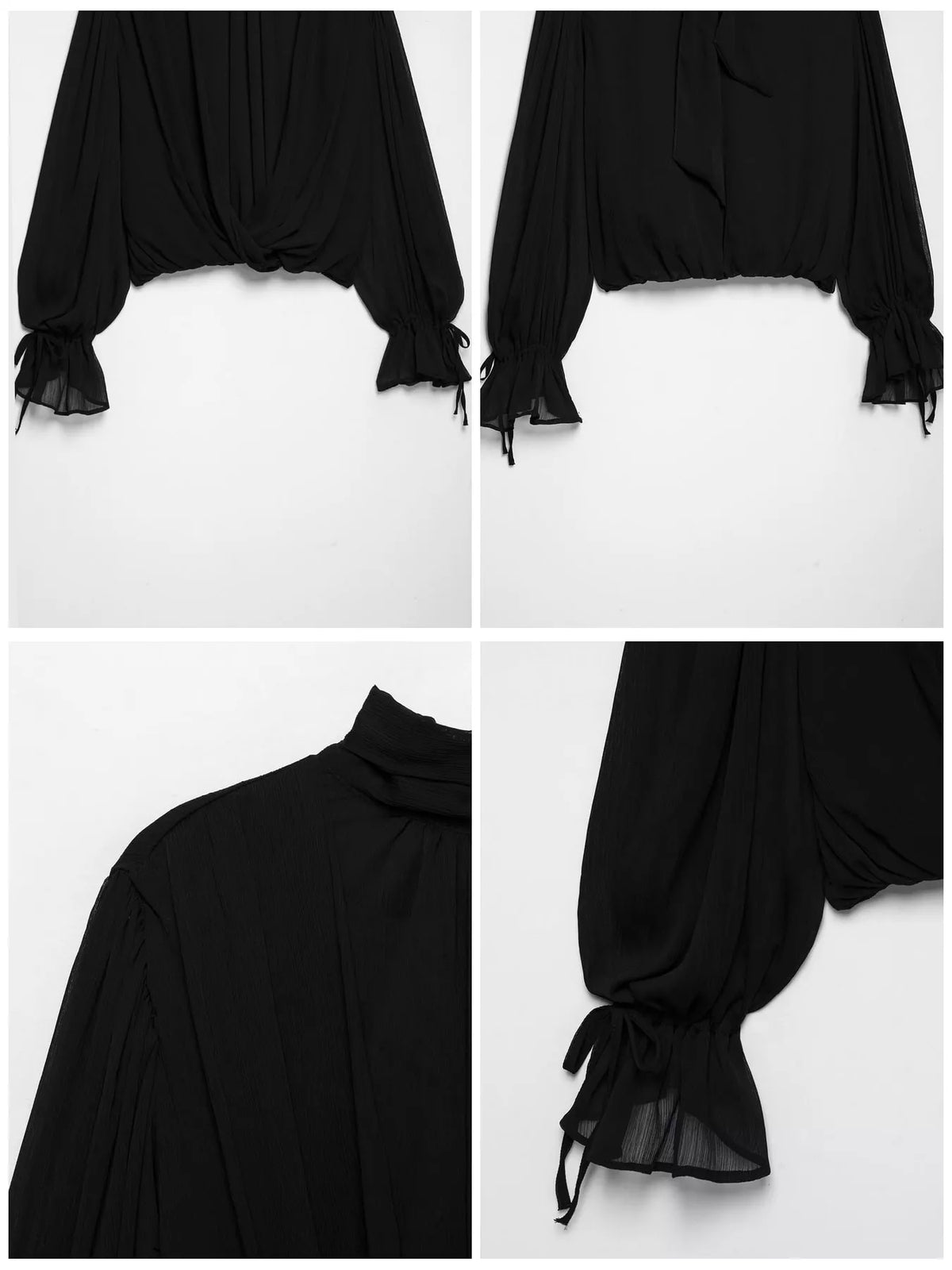 Black bow-tie neck flounce sleeve blouse
