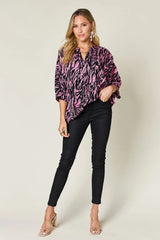 Trendsi Double Take Full Size Printed Notched Three-Quarter Sleeve Blouse - Shirts