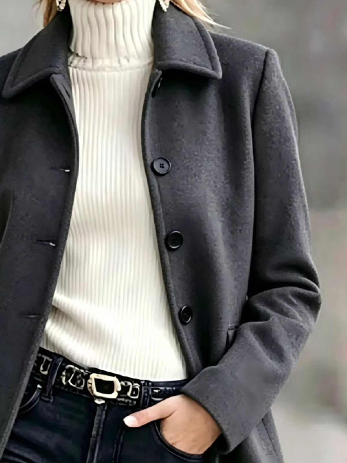 Dark gray button-up collared neck coat, pointed collar and button front
