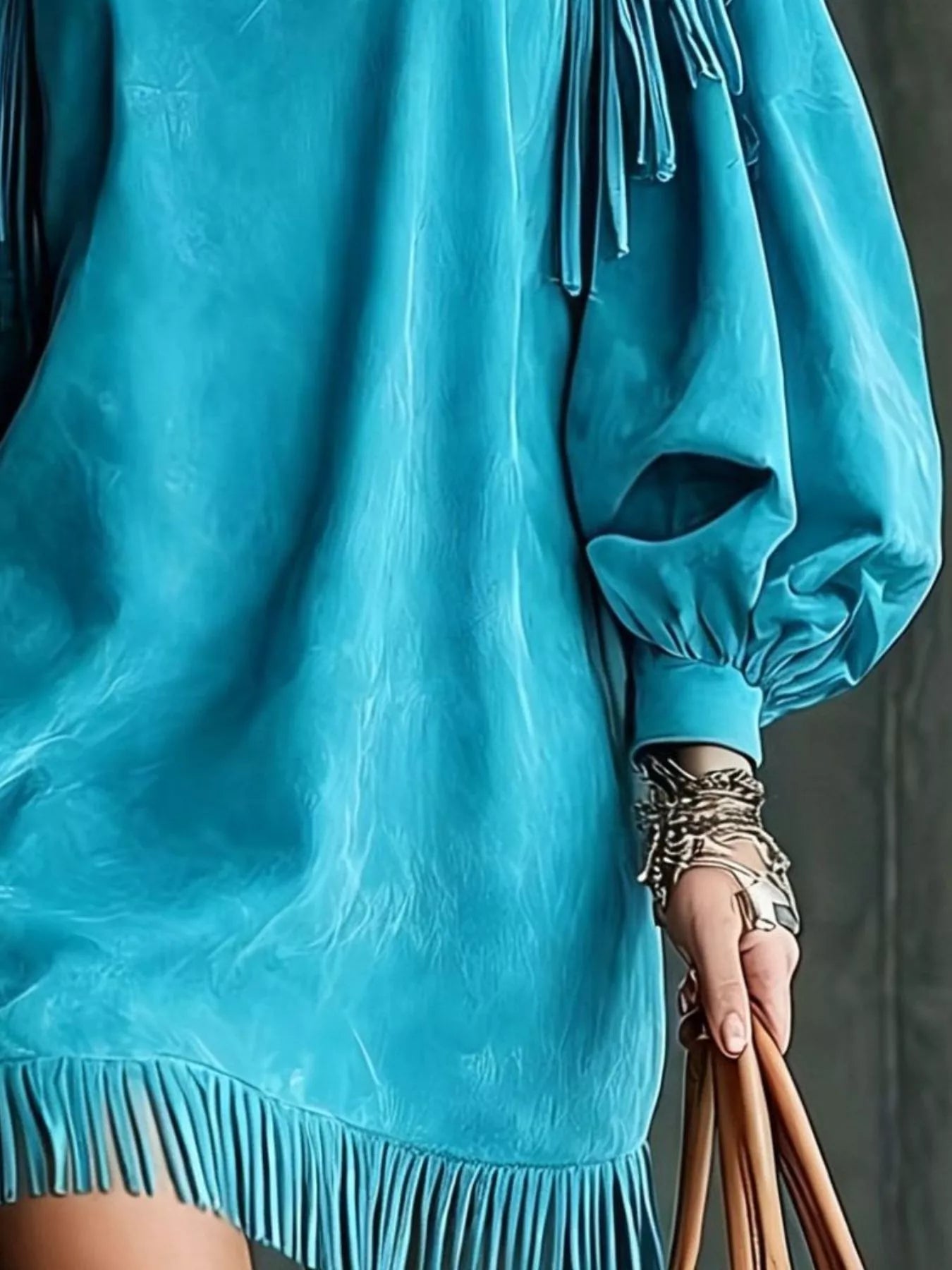 Trendsi Fringe Detail Lantern Sleeve Mini Dress -