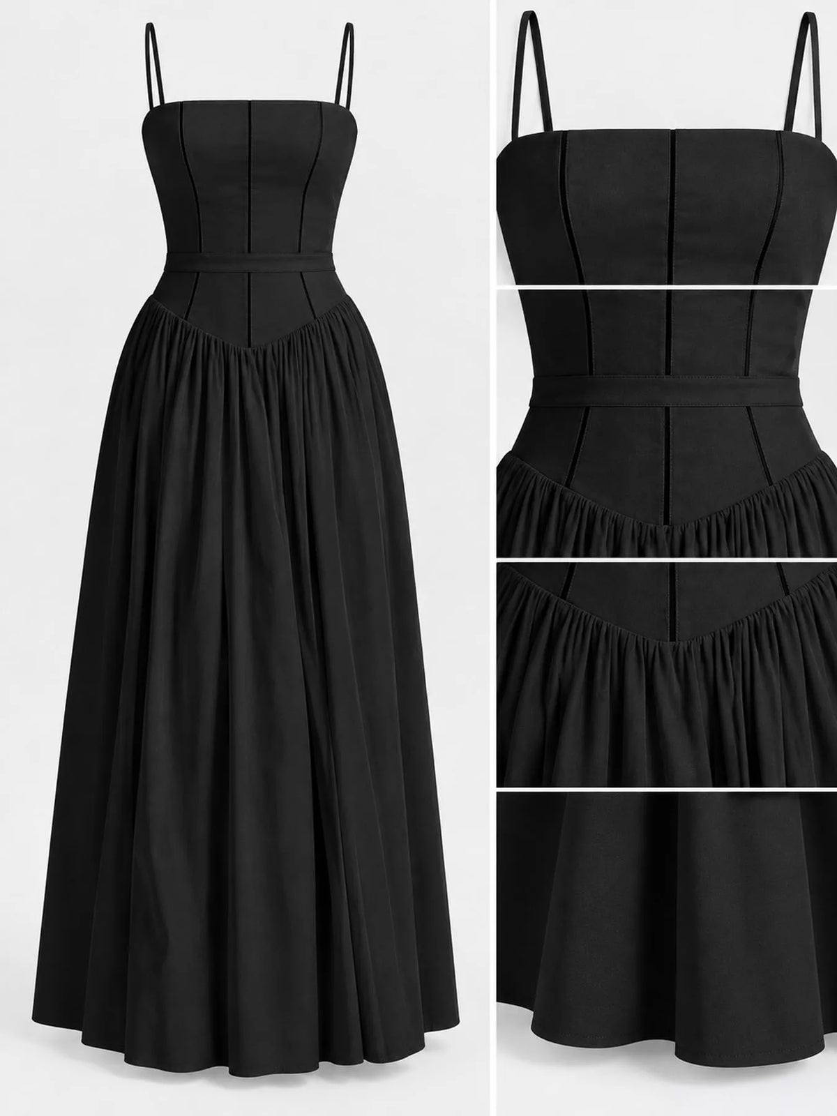 Women's Paneled Bodice Gathered Midi Dress in black — detail collage view