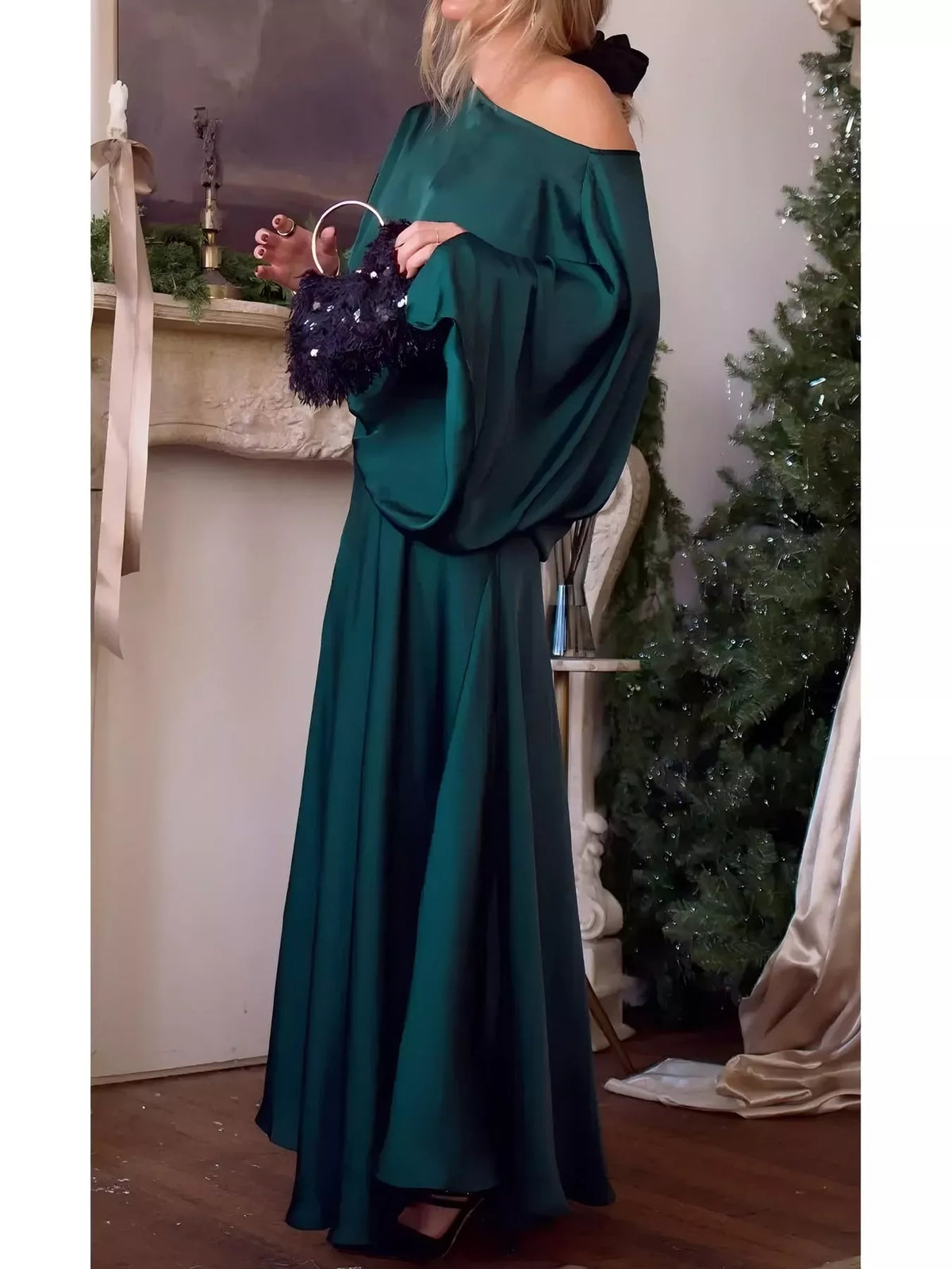Green satin cape sleeve maxi dress, side view