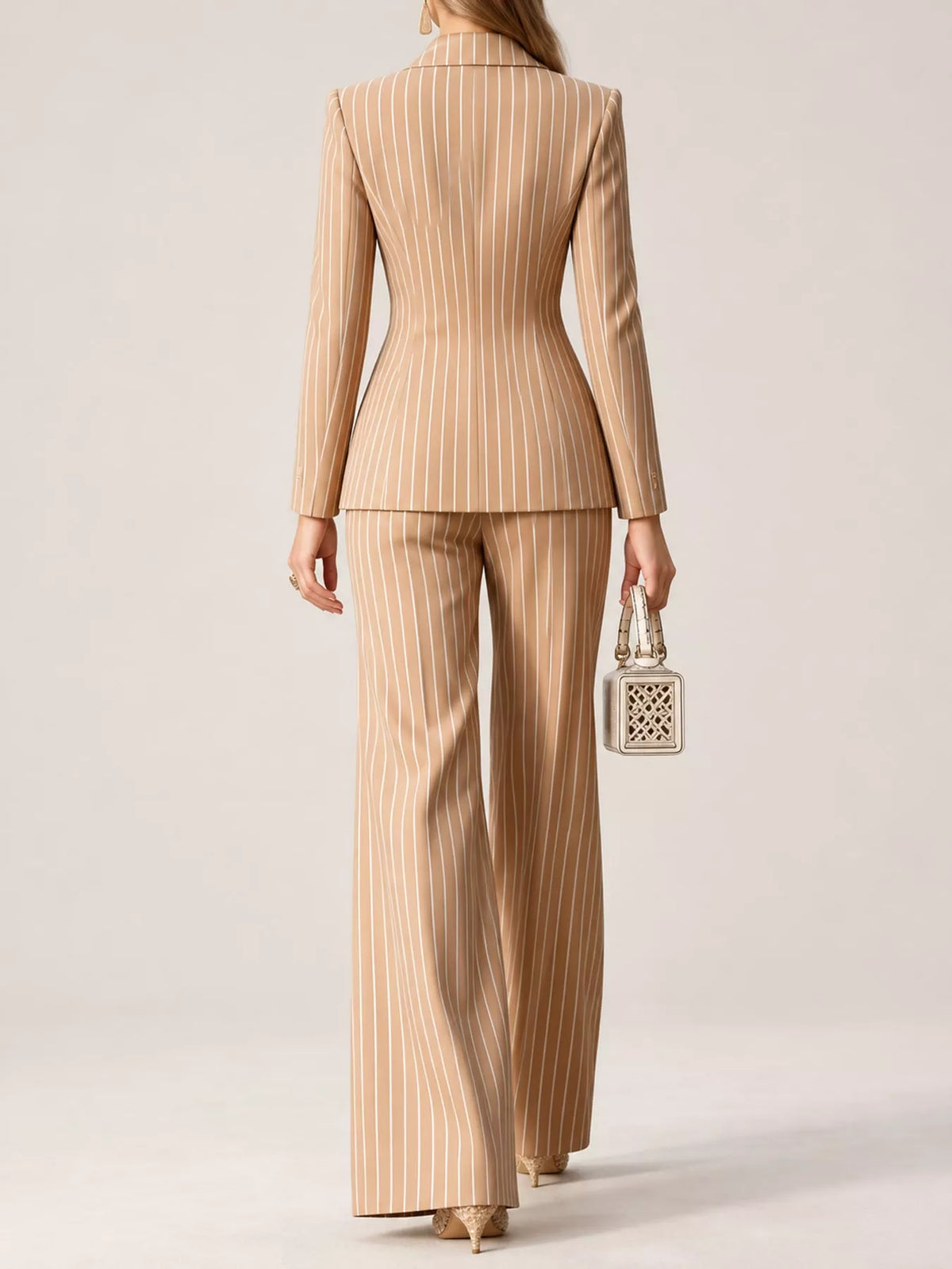 Pinstripe pantsuit, tan suit back