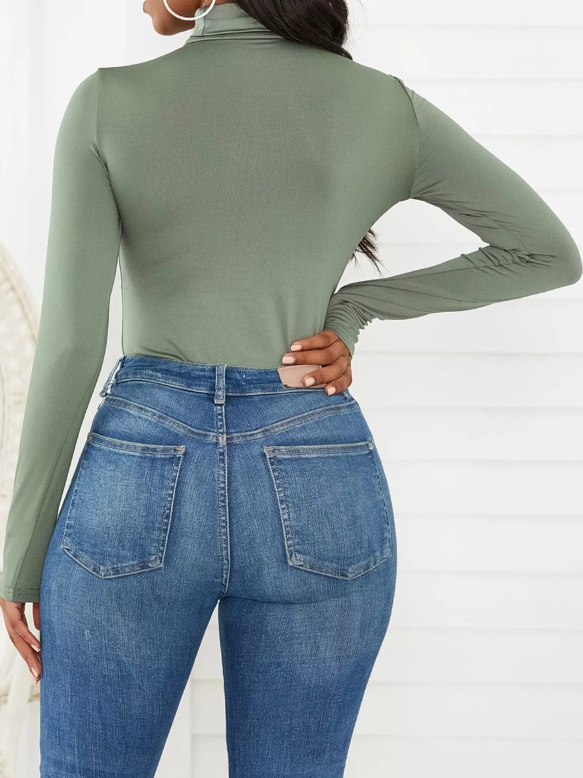 Long Sleeve Turtleneck Slim-Fit Bodysuit, back view in green