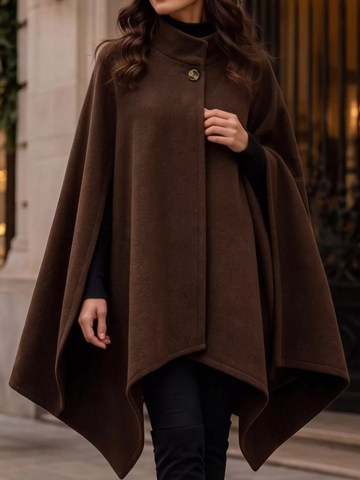 Dark brown tie-waist cape — front view