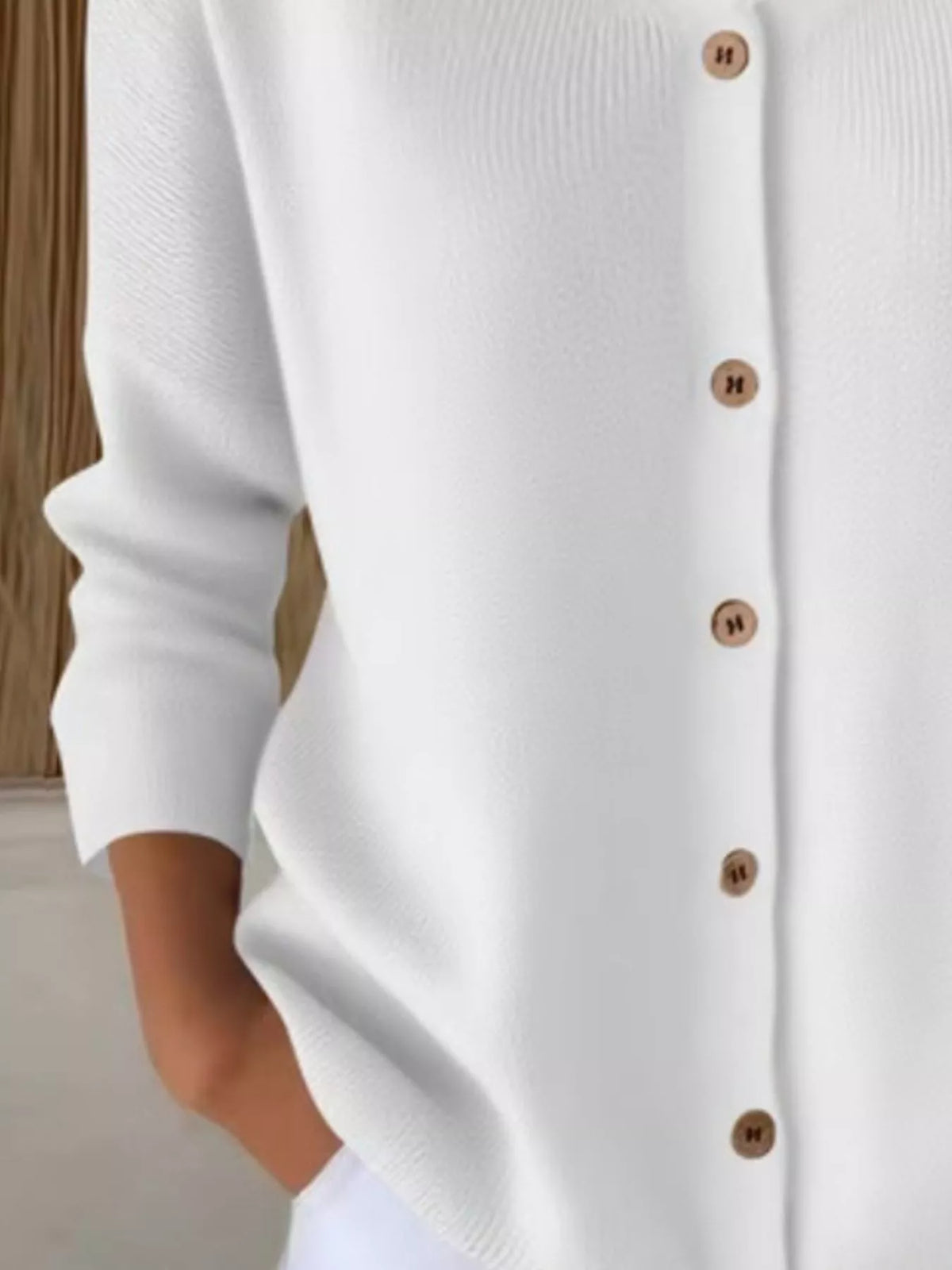 White ribbed button-front cardigan, button-front detail