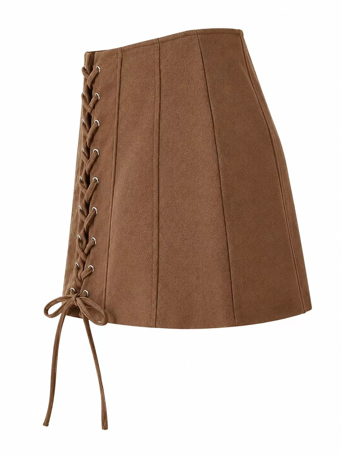 Brown lace-up mini skirt, side view