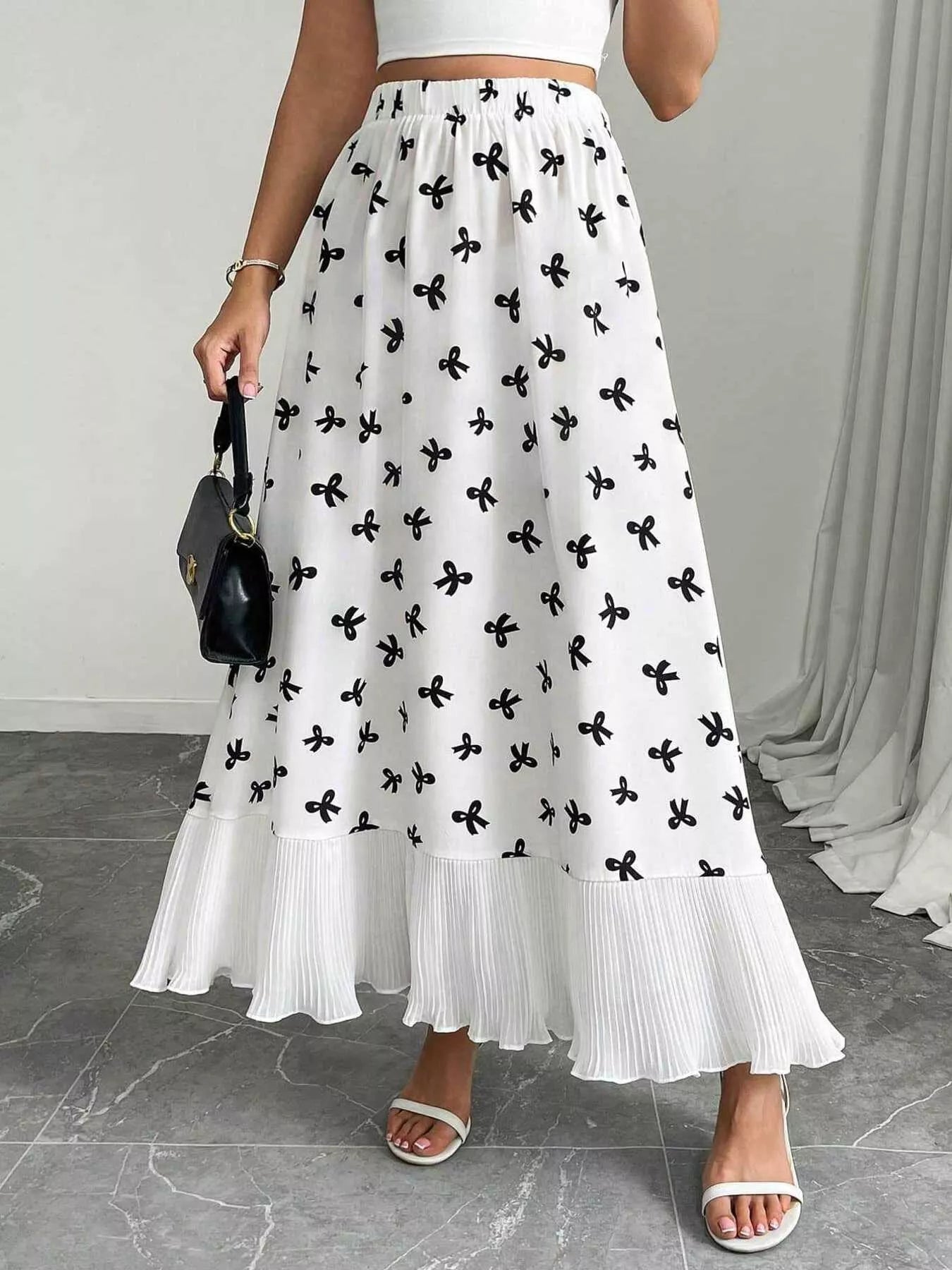 Trendsi Bow Print Ruffle Hem Flowy Maxi Skirt -