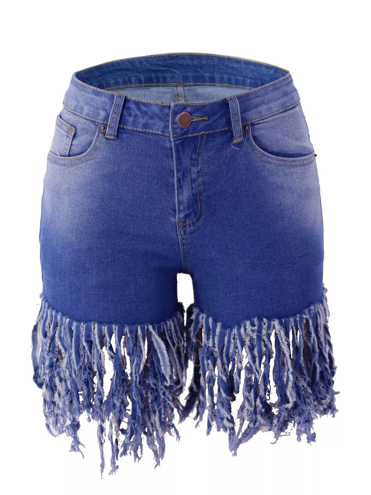 Blue fringed hem denim shorts, product view