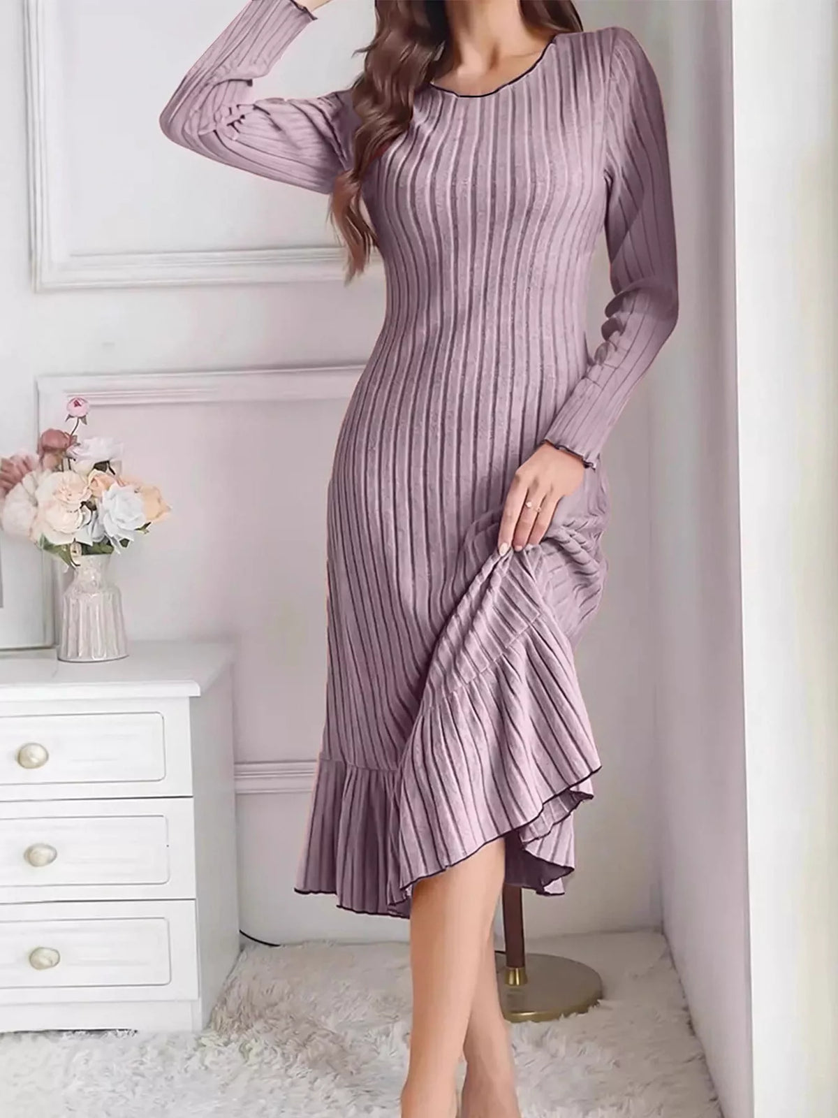 Lavender ribbed knit ruffle-hem bodycon dress